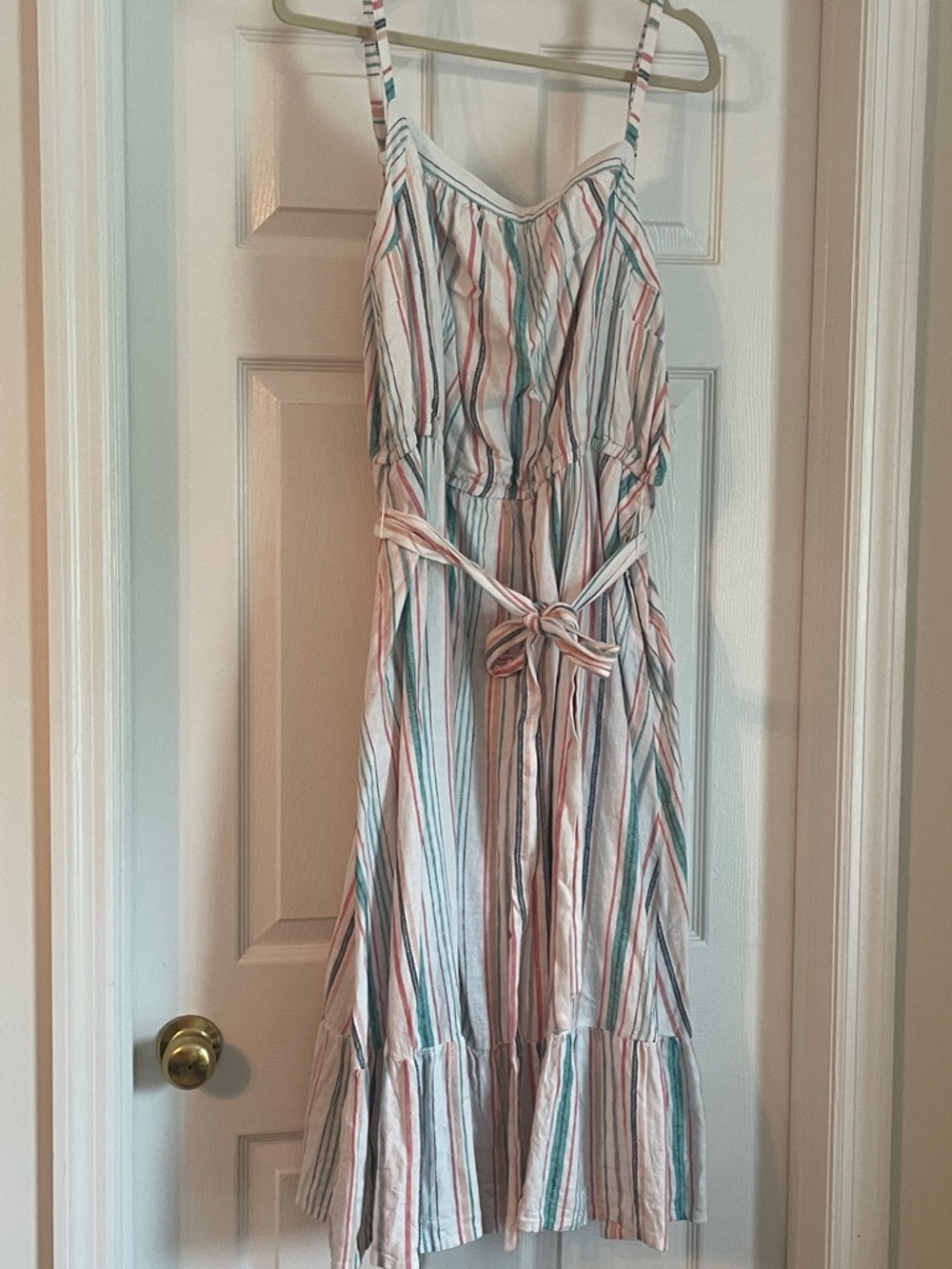 Lane Bryant Striped Tie-Waist Midi Dress in White, Coral & Teal